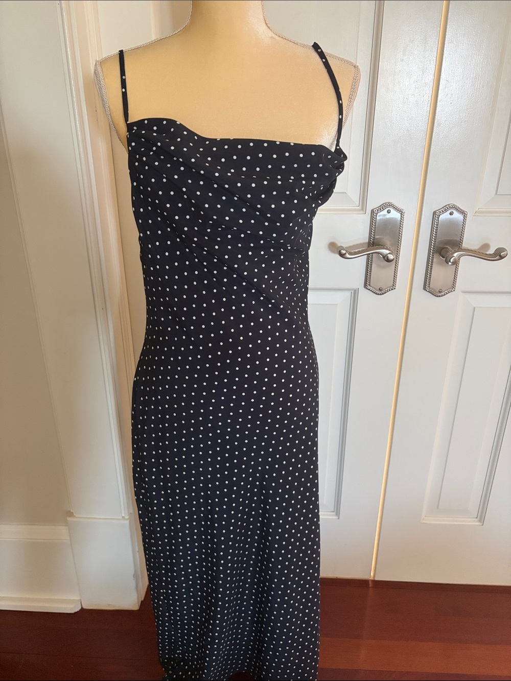 Navy Polka Dot Strappy Back Dress